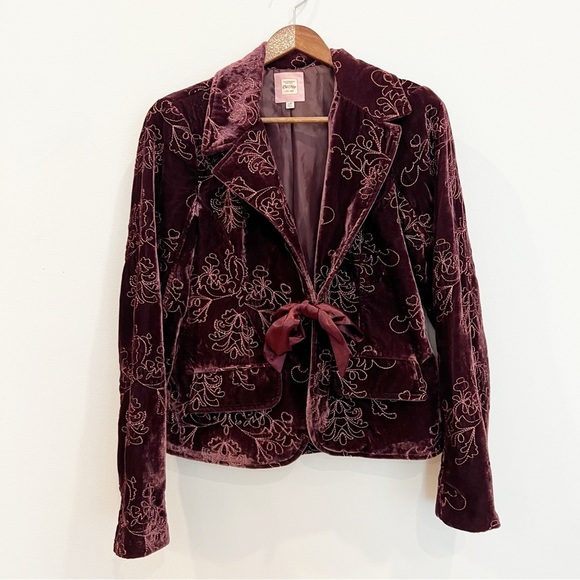 Vintage Old Navy Velvet Embroidered Blazer Medium Small Burgundy Fairy Y2K Boho - Picture 1 of 12